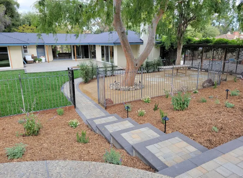 Backyard with mature tree and paver steps