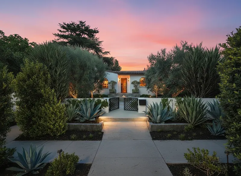 Front entry landscape design at sunset